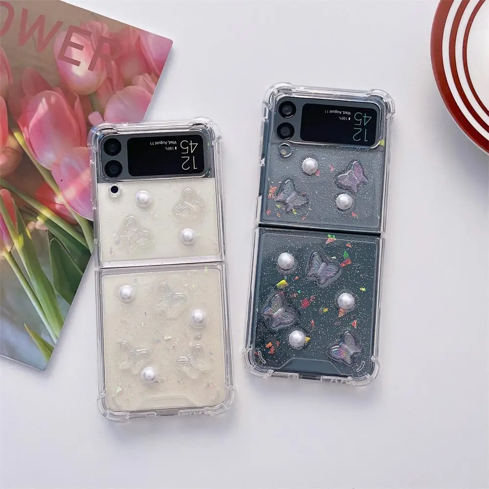 

For Samsung Galaxy Z Flip 4 3 ZFlip4 Flip3 Case Cute 3D Pearl Crystal Butterfly Folding Shockproof Transparent Protective Cover