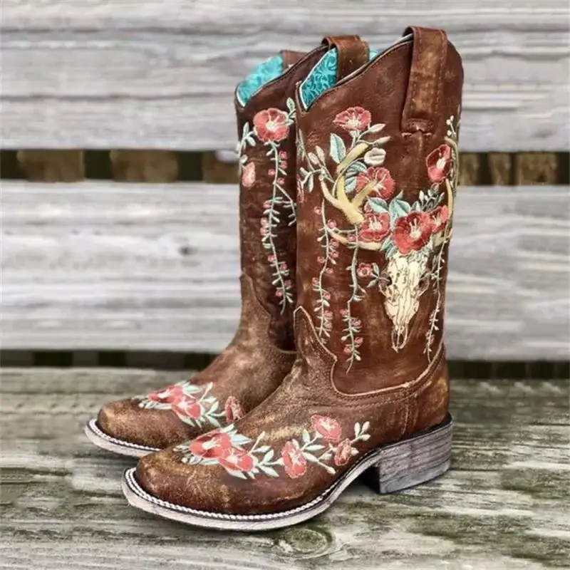 Женские высокие сапоги в западном стиле однотонные до колена из искусственной