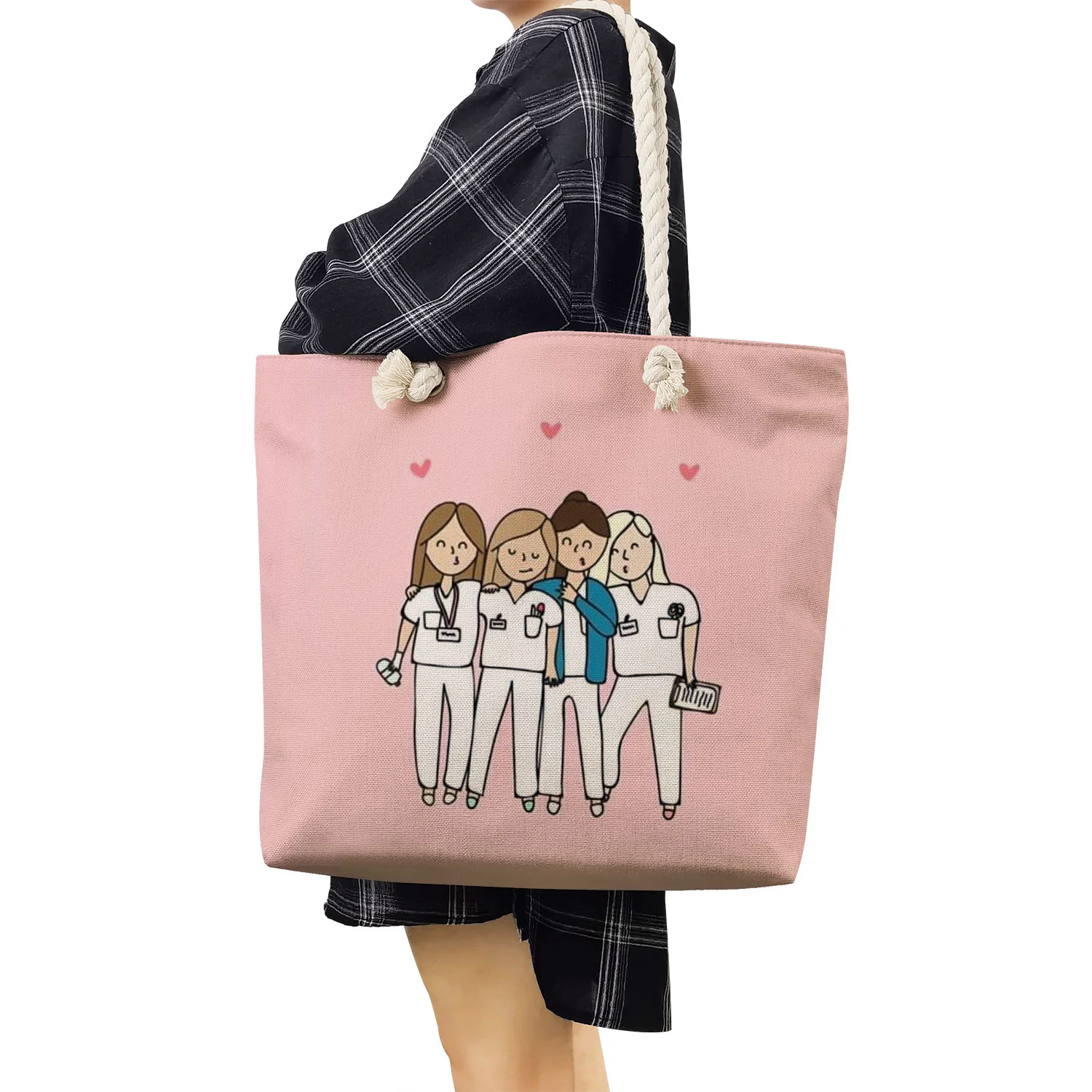 

Cartoon Ladies Nurse Printed Handbags High Capacity Women Shoulder Bag Eco Reusable Shopping Bag Travel Beach Bag Custom Pattern