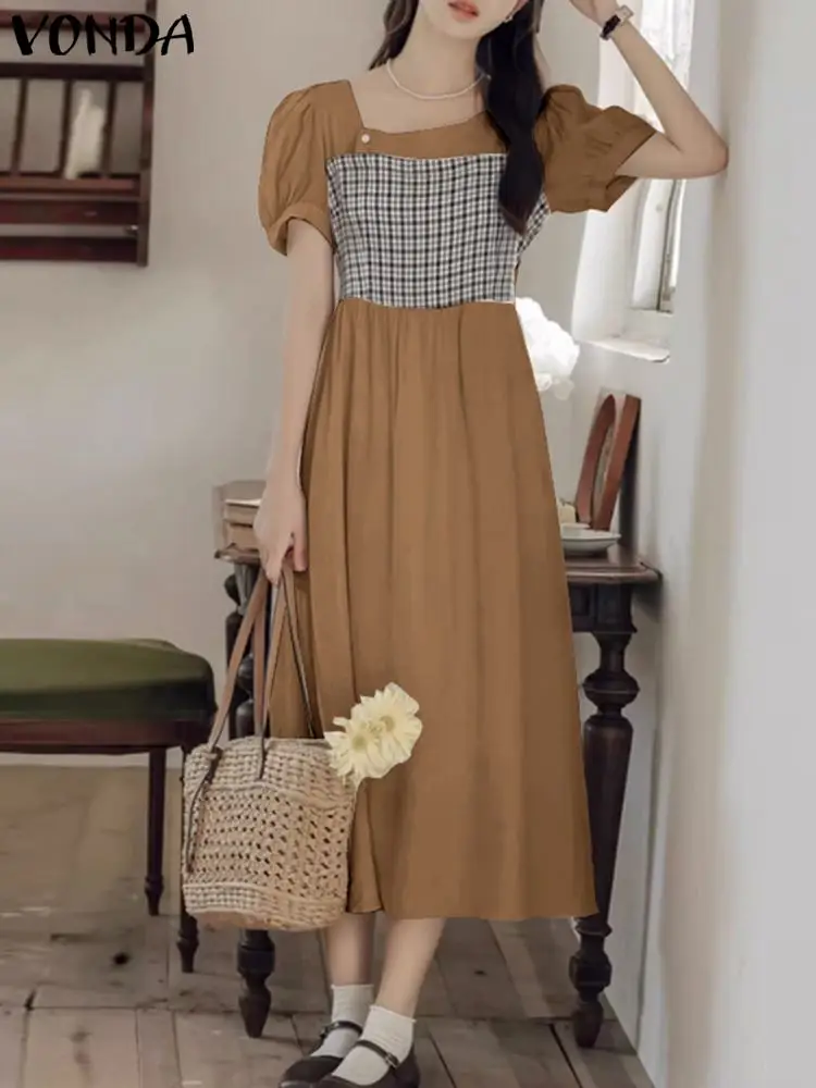 

2023 VONDA женский винтажный клетчатый сарафан с коротким рукавом халат летнее модное платье миди с квадратным вырезом лоскутное повседневное свободное платье