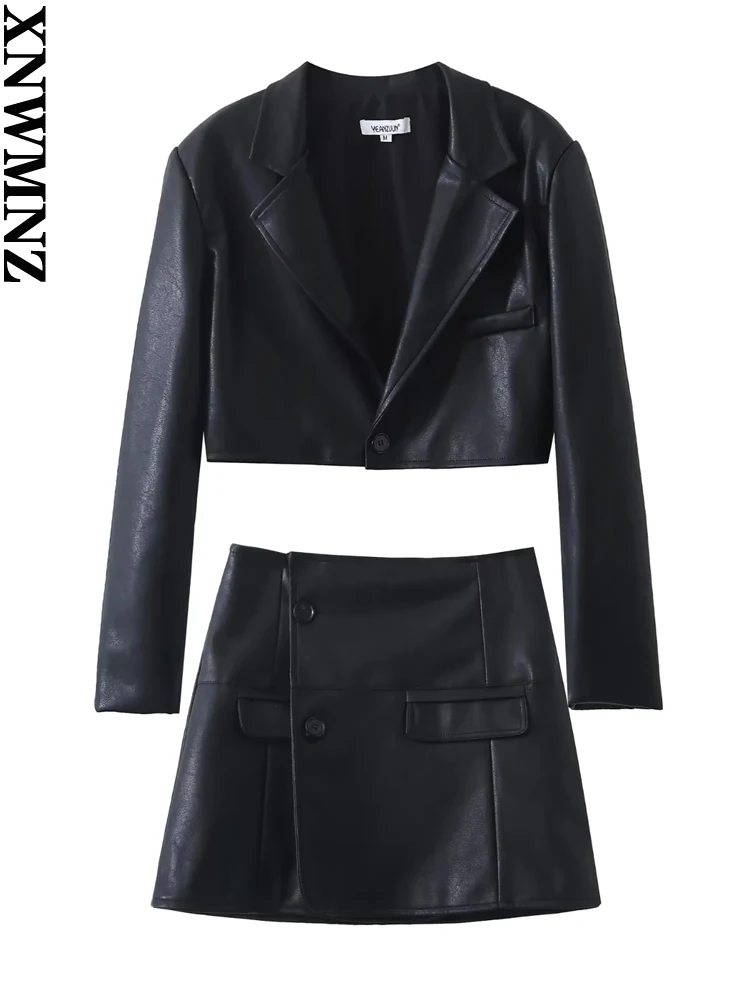 XNWMNZ 2022 Spring Autumn Black Casual Short PU Jacket Coat and Pocket Retro High Waist Skirt Female Chic Suit