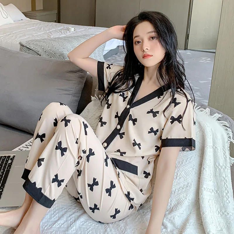 2023 Summer Women Pajama Sets Ladies Faux Ice Silk Sexy Homewear Casual Luxury 2 Pieces Korean Thin Pajamas Female Sleepwear