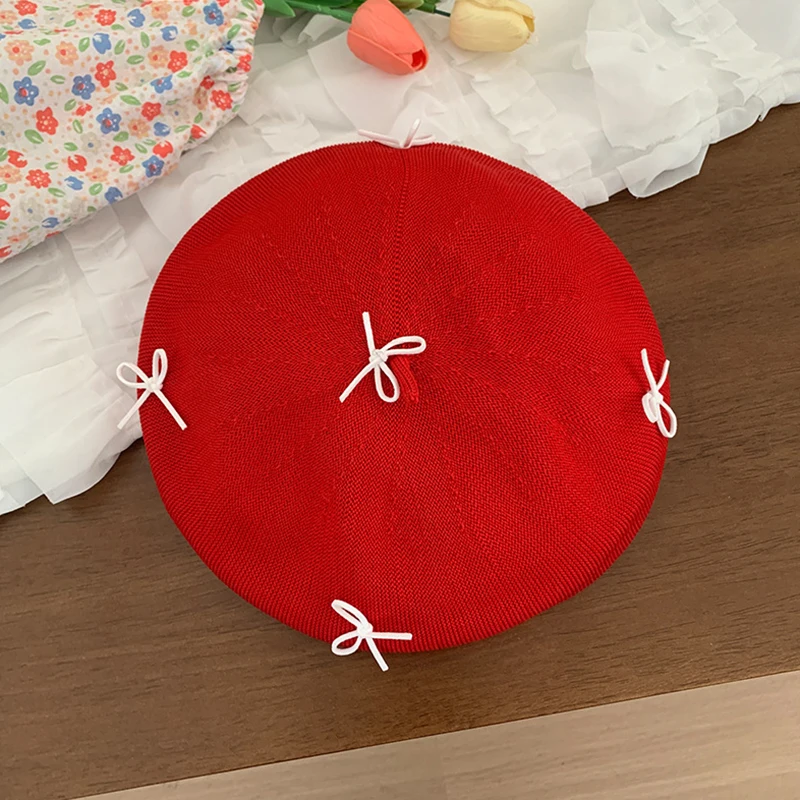 Осенне-весенние вязаные береты с милым бантом для женщин тонкие полые дышащие