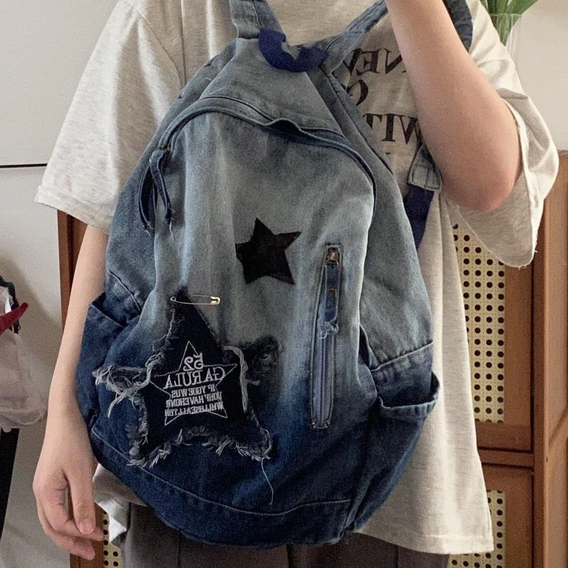 

Y2K Korean Denim Book Bag Vintage Casual Cowboy Backpack Student Bags Kids Travel Girls Schoolbag Ladies Backpacks For Women