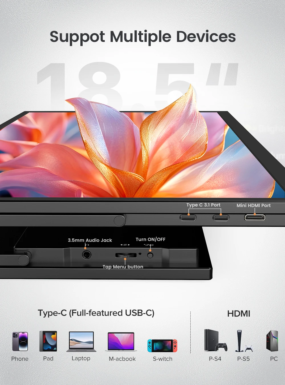 Идеальный портативный игровой монитор UPERFECT 18,5 дюймов, 120 Гц, 100% sRGB, 1080P, FreeSync, HDR, USB-C, HDMI, для ноутбуков, MacBook, ПК, Surface, PS5, Xbox. (art.: 3920dbd67459b) - 3920dbd67459b