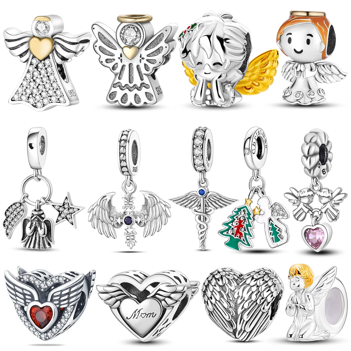 

925 Silver Angel Baby Charms Zirconium Heart Shape Angel Wings Dangle Beads Fit Bracelet Necklace DIY Jewelry Marking
