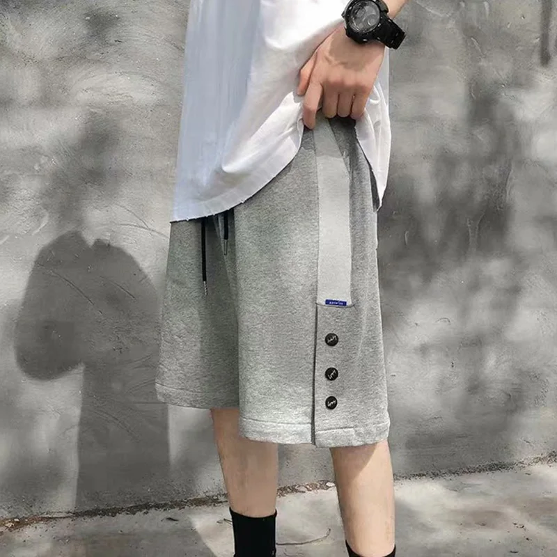 

Korean Fashion Mens Shorts Summer Casual Jogger Men Simple Shorts Grey Cotton Comfortable Loose Thin Thickness Button Decoration