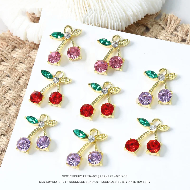 

10pcs Cherry Charms Piercing Alloy Nail Art Decoration 3D Pink/Purple/Red Cherry Rhinestones for Nails Jewelry Manicure Ornament