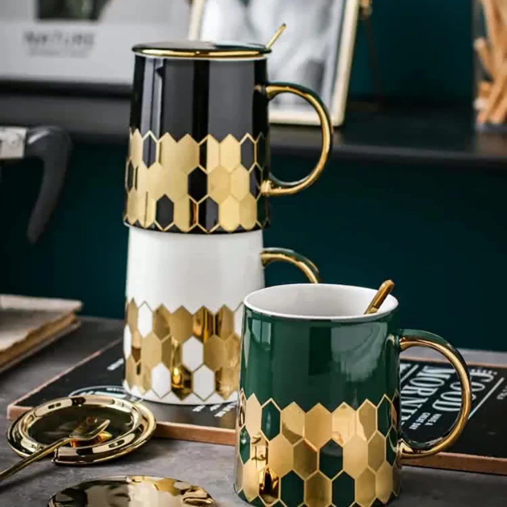 

Hand Painted Geometric Ceramic Mugs With Gold Handle Handmade Irregular Cups For Coffee Tea Milk Oatmeal Creative Birthday Gifts