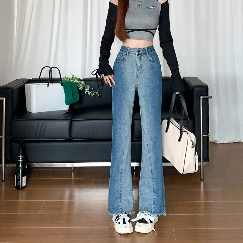 

~High Waist Slim Flare Jeans Women's American Gradient Contrast Straight Floor Pants