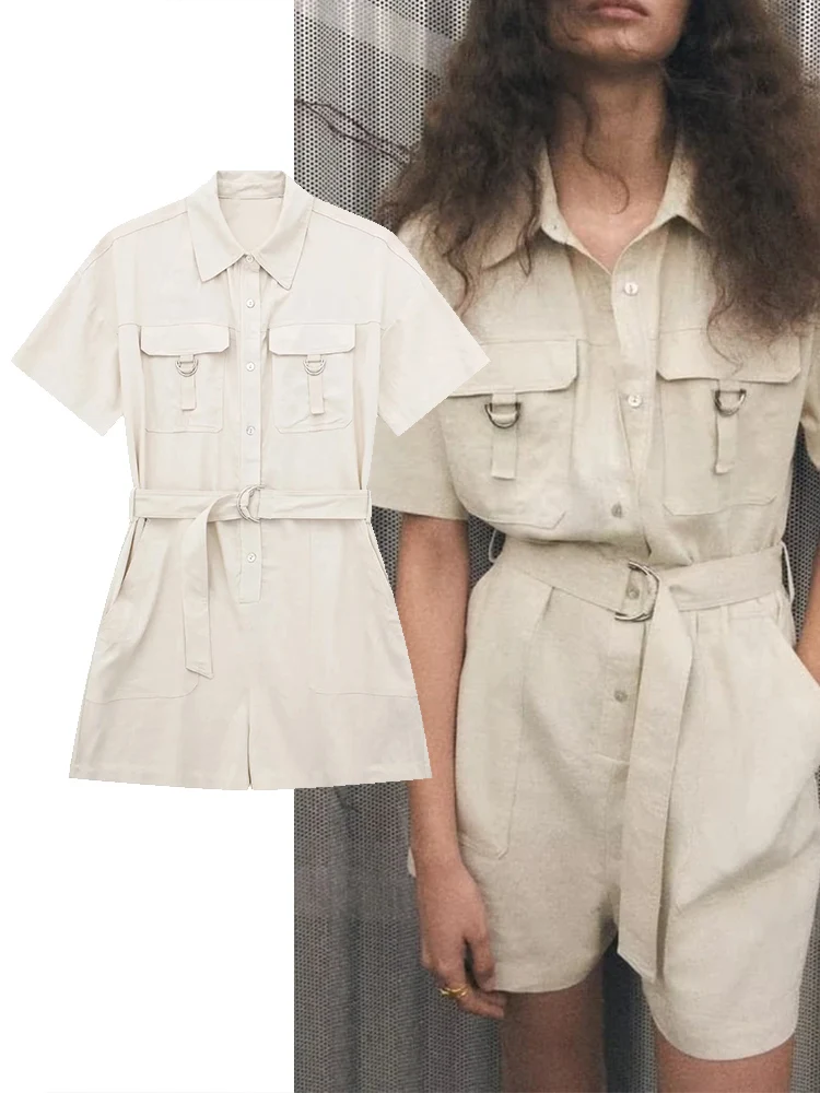 

Женский комбинезон с отложным воротником, коротким рукавом и карманами