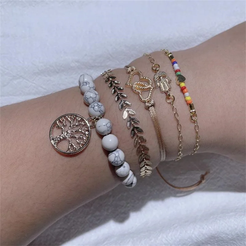 

HI MAN 5psc/set Bohemian Mixed Tree Life Heart Fatima Palm Natural Stone Bracelet Women Vintage Party Jewelry Accessories