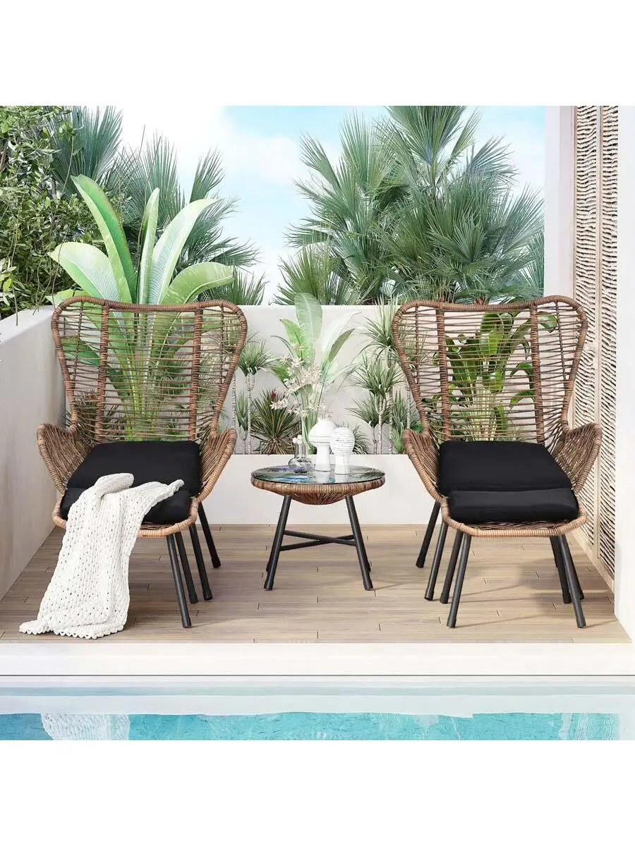 

Outdoor Patio 5-Piece Rattan Conversation Set, PE Wicker Arm Chairs with Stools and Tempered Glass Tea Table for Balcony