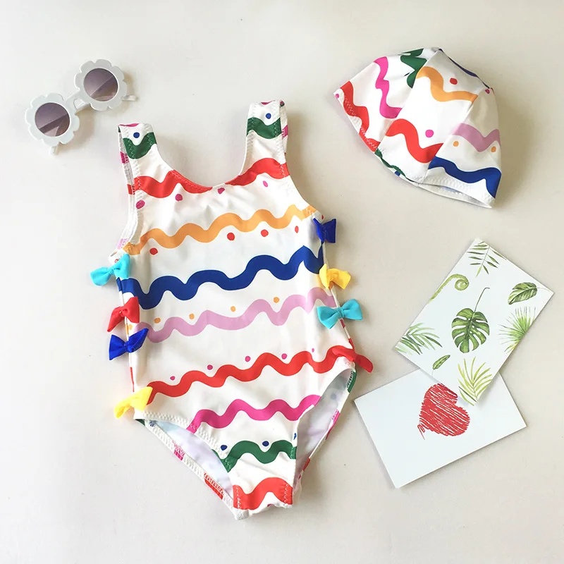 

Toddler Girls Swimsuit For Kids 1-5 Year Rainbow Striped Swimwear Swimming Children Vest Baby One Piece Beach Party Bathing Suit