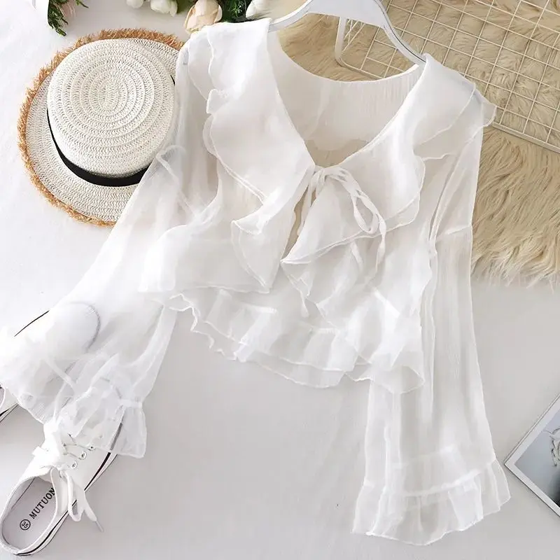 

Women 2022 Summer Fashion Ruffled Lace Short Sunscreen Shirts Female Air Conditioning Blouses Ladies Small Shawl Clothes Q56