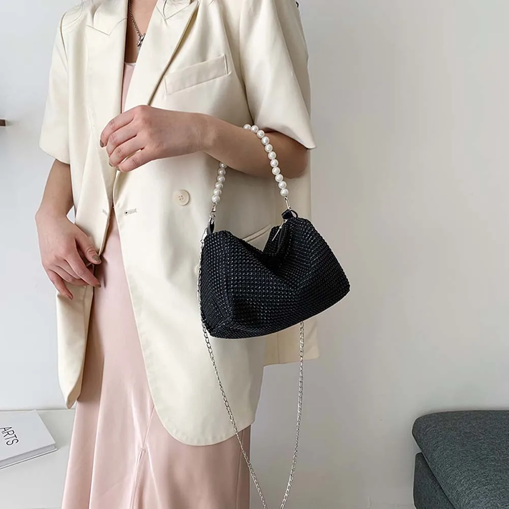 

Small Rhinestone Nylon Hobos Bag for Female Fashion New Shoulder Bags Crystal Chain Sling Bag Woman Top-handle Handbag and Purse