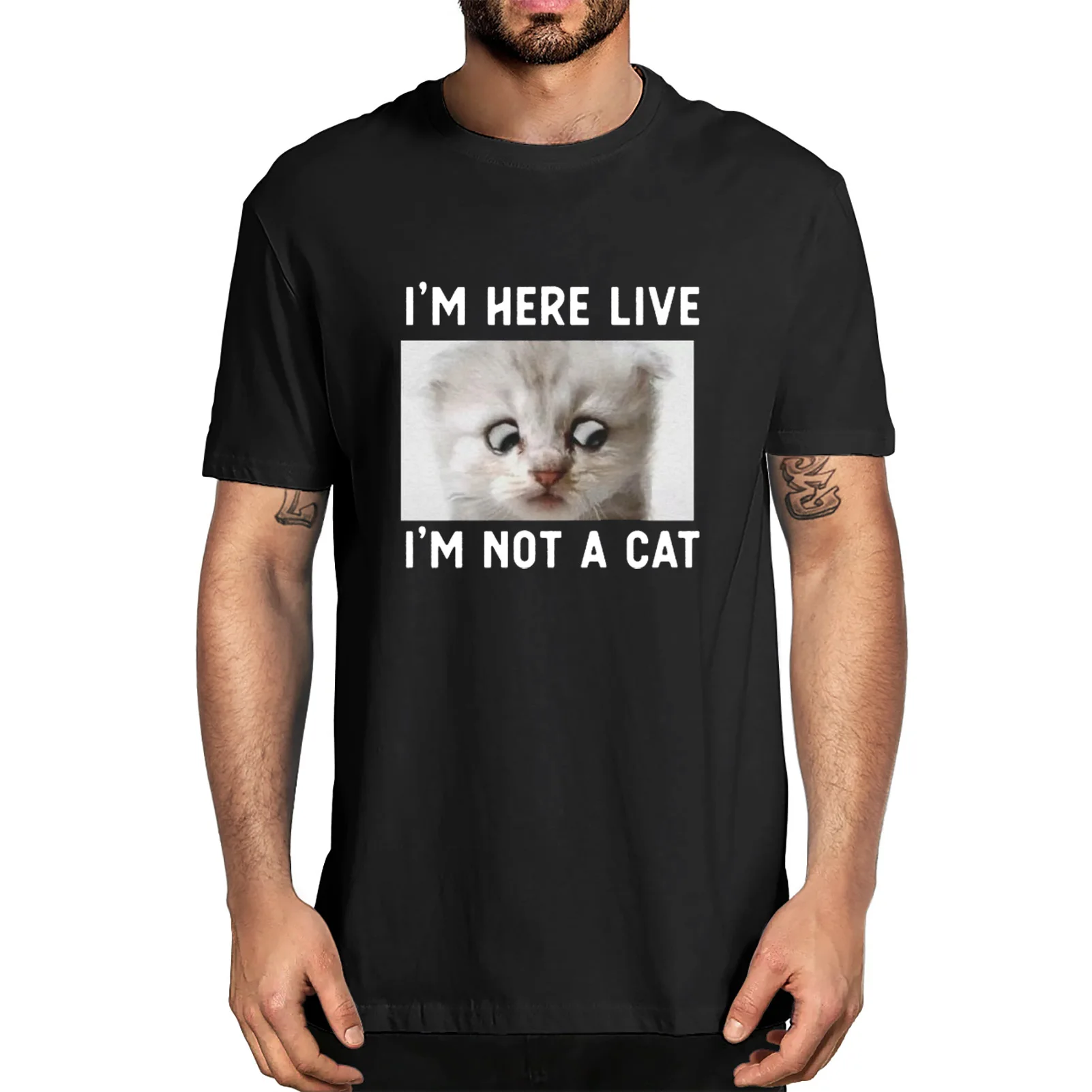 

Unisex New Fashion I'm Here Live I Am Not A Cat Funny Video Zoom Call Cat Men's 100% Cotton T-Shirt Women Soft Top Tee