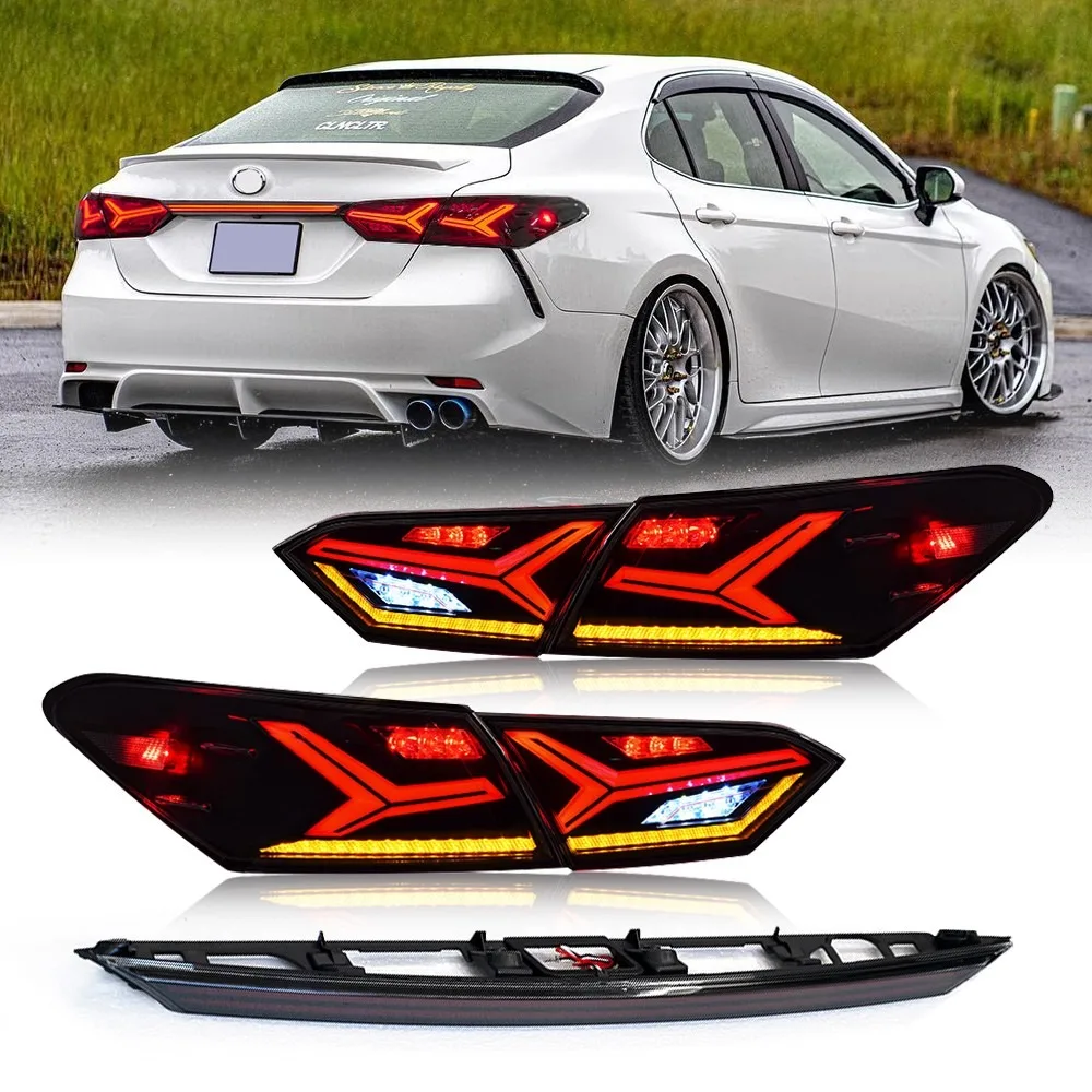 Фото Для Toyota Camry Sedan 2018-2024 дымовые светодиодные задние фонари в сборе, пара последовательных задних фонарей, левая + правая сторона, черный корпус №2