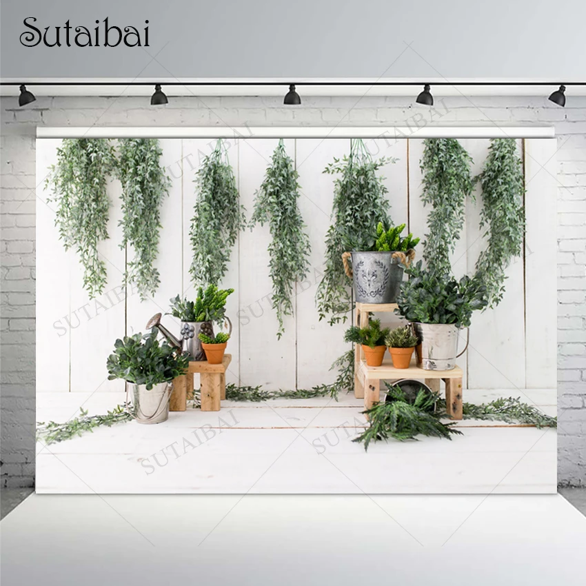

Easter Backdrop Spring Garden Green Plants Decor Wooden Floor Family Shoot Celebration Kid Newborn Baby Showers Photo Booth Prop