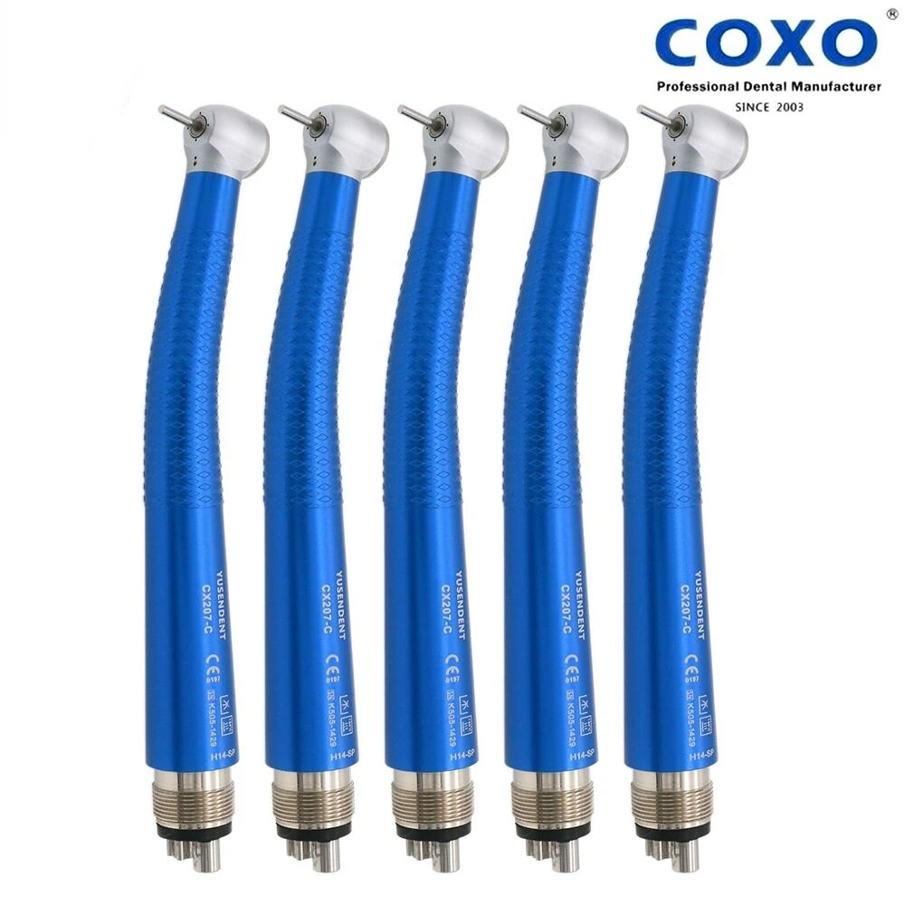 5PCS COXO Dental 4Holes High Speed Handpiece Single Way Spray Standard Head Push Button Blue