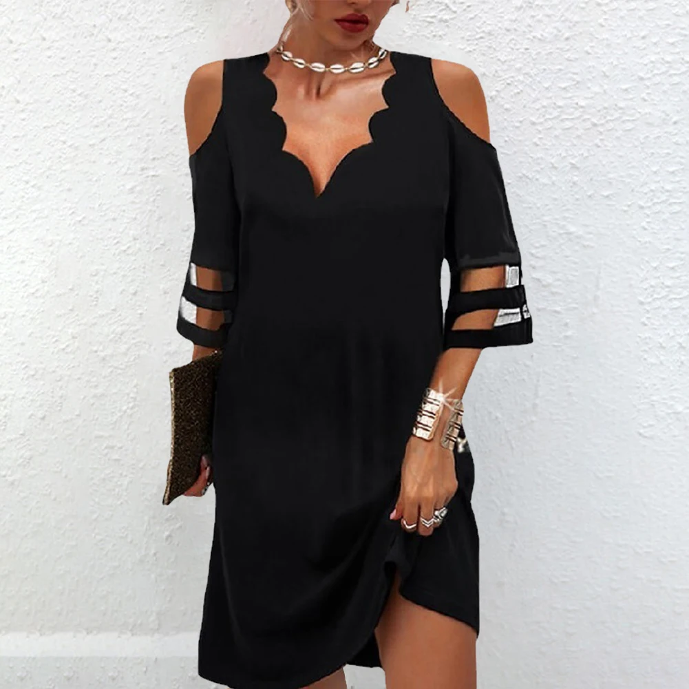 

Women Dresses Off Shoulder Wave Collar Short Sleeve Contrast Spliced Mesh Scallop Floral Printed Fashion Casual Dress