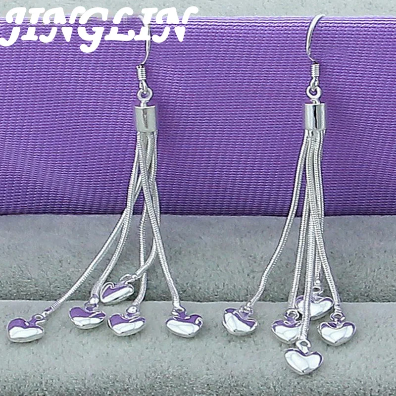 

JINGLIN 925 Sterling Silver Five Heart Snake Chain Long Earrings Women's Wedding Engagement Party Fashion Jewelry