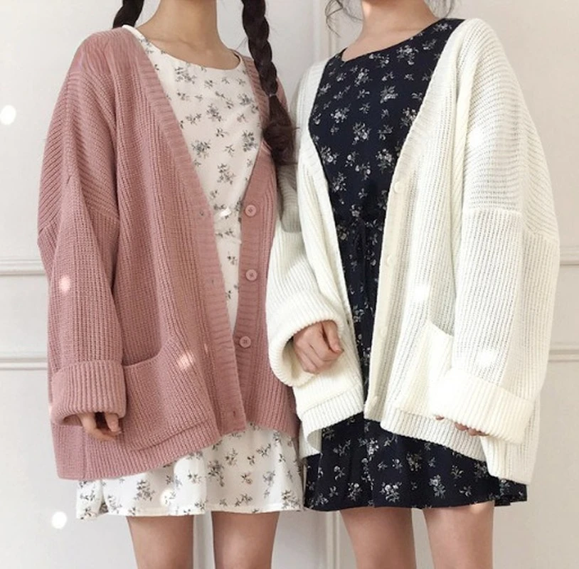 

Casual Cardigans Women Solid Oversized Knitted Sweater Coat Female Korean Fashion V-Neck Button Up Long Sleeve Jumper Tops