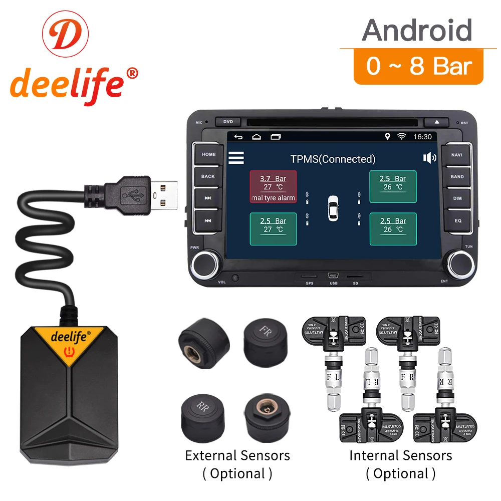 Deelife Android TPMS Car Tire Pressure Monitoring Alarm System with Spare Tyre Internal External Sensor USB TMPS