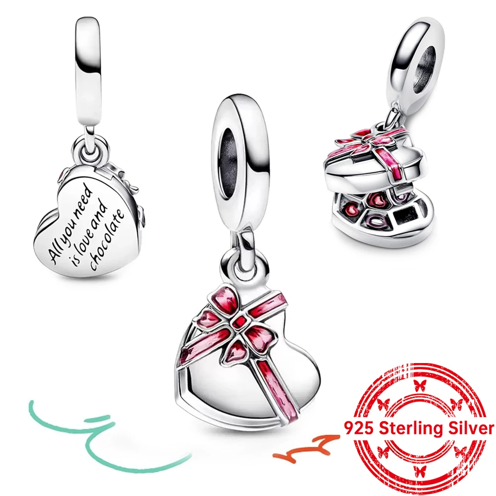 

Romantic 925 Sterling Silver Openable Heart Chocolate Gift Box Dangle Charm Fit Pandora Moment Bracelet Women Jewelry Set Gift