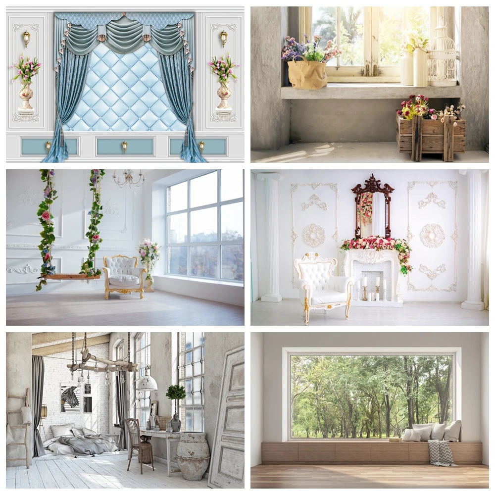 

Laeacco Photo Backdrops Gray Chic Wall Swing Baby Armchair French Window Room Interior Photo Backgrounds Photocall Photo Studio