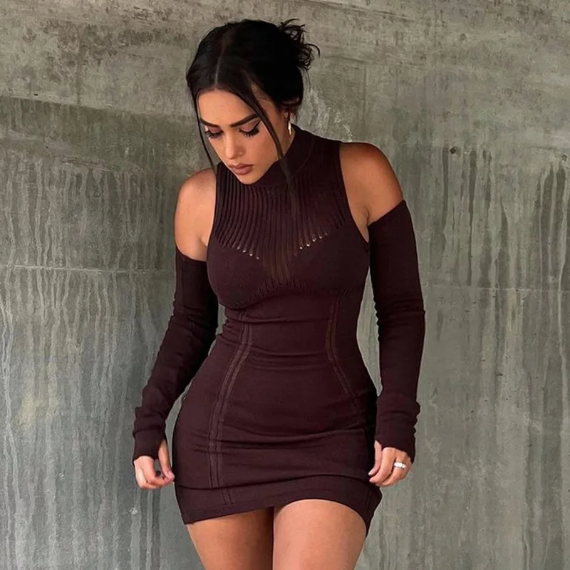 Knitted Women'S Party Dress Sexy Perspective Tight Round Neck Splice Long Sleeve Hip Wrap Dress Skirt