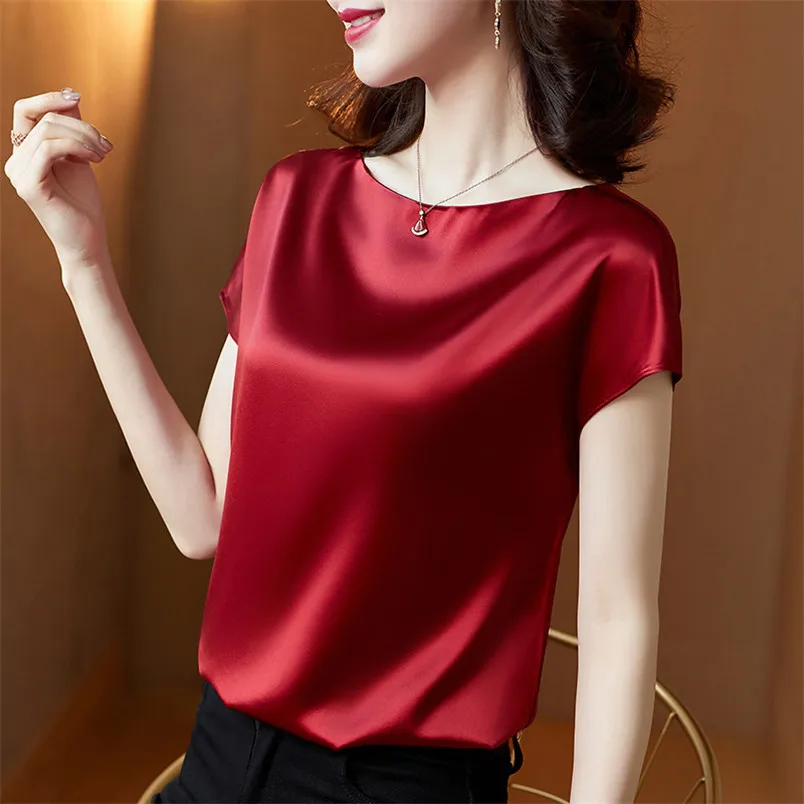 

Woman Vintage Soft Touch Satin Shirts Female Fashion Short Sleeve T-shirts 2022 Spring Summer Chic Smooth Satin Blouse Female