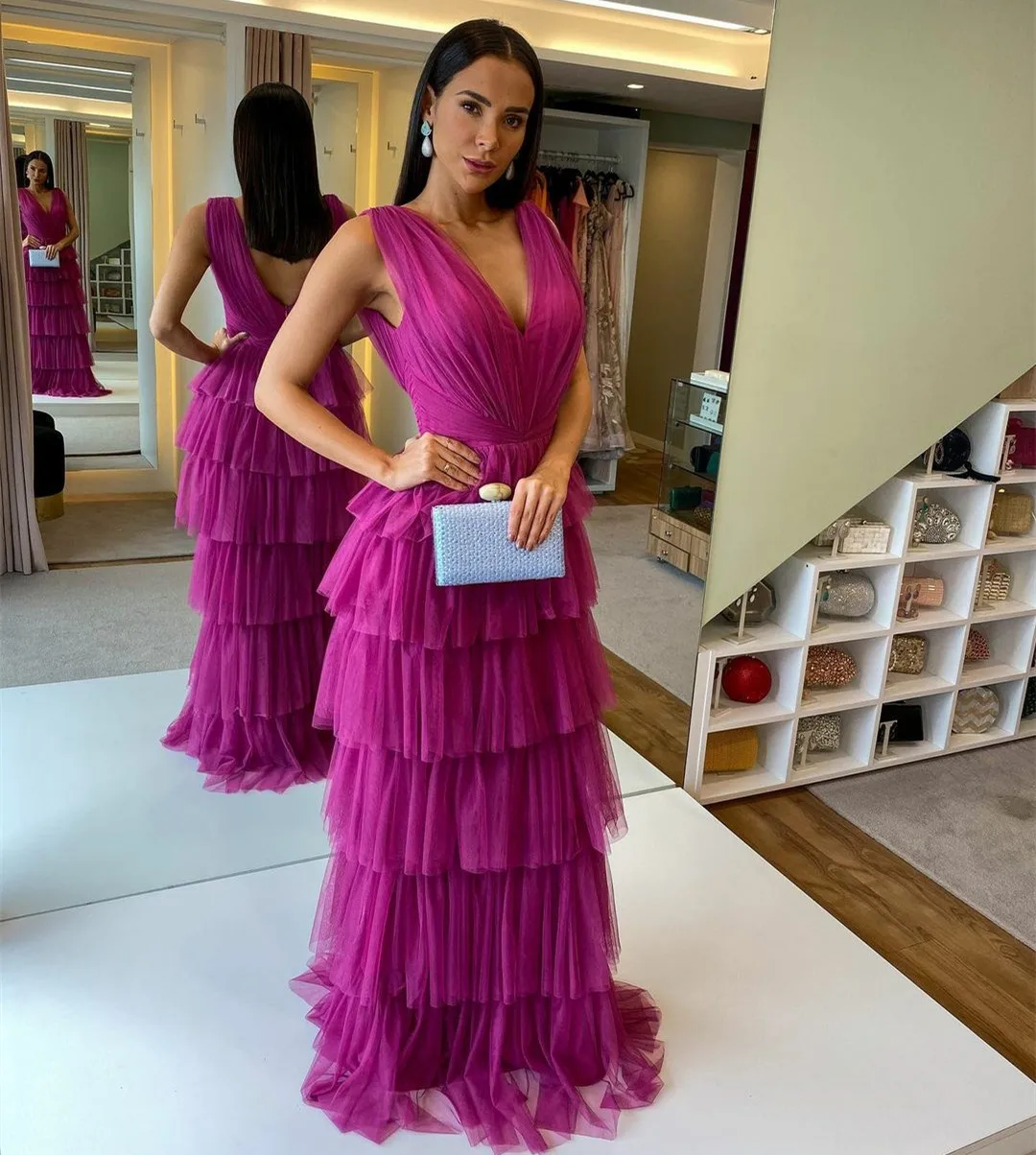 

Elegant Maxi V-Neck Blue Pleated Evening Dresses فساتين سهرة A-Line Tulle Floor Length Prom Dresses Formal Women Party Gowns