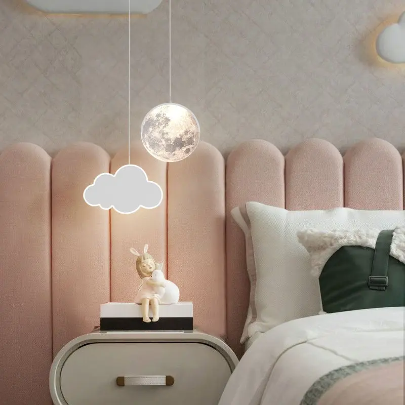 Creative Kids Pendant Lamp for Bedroom Bedside Decor Star Cloud Moon Shape Remote Control Dimming Children Baby Hanging Lights