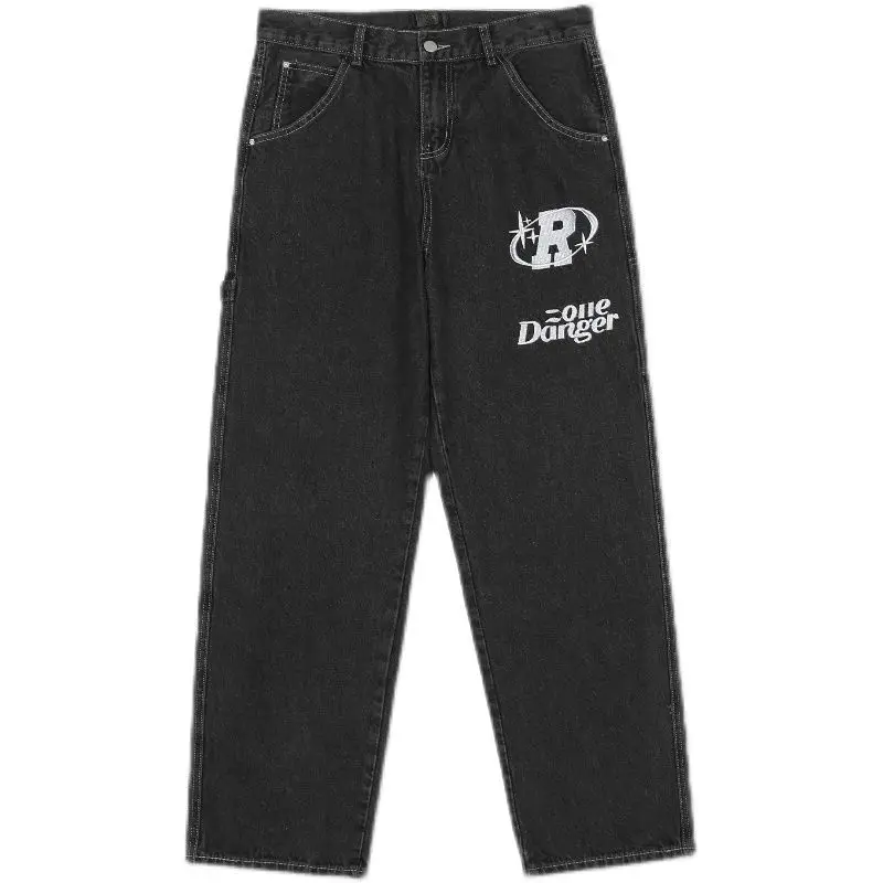 Retro Letter Print Straight Loose Jeans For Men Wide Leg Pants Oversize Y2k Streetwear Casual Trousers Jean Baggy High Street