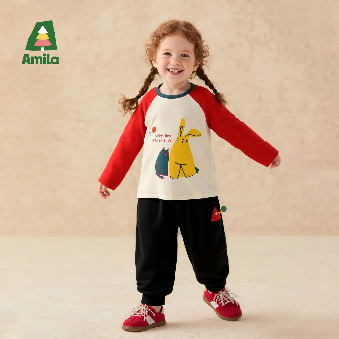 Фото Футболка реглан Amila, детская весенняя хлопковая повседневная футболка с длинными рукавами и мультяшным принтом для мальчиков и девочек, модная футболка реглан с цветными блоками для малышей №3