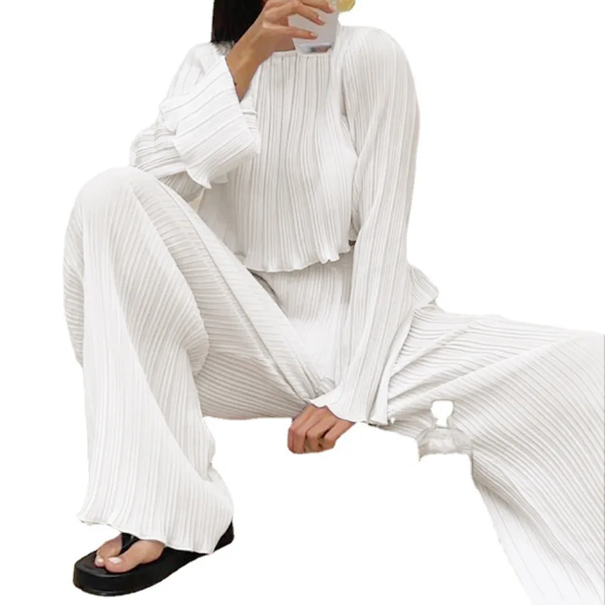 2022 Autumn Europe / America Long-sleeved Pajamas Chiffon Sexy White Home Service Women Pleated Trousers Pijamas Loose Pyjamas