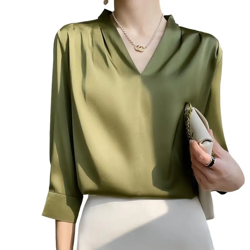 

Однотонная атласная рубашка с V-образным вырезом и завязкой на плечах, Новинка лета, деловой офисный Топ средней длины с длинным рукавом, повседневный большой Топ