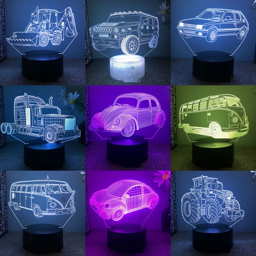 Car Bus Beetle 3d Led Night Light For Bedroom Tractor Excavator Touch Bedside Table Lamp Children's Room Decor Birthday Gift