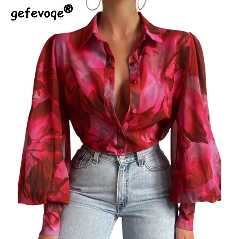 

England Style Casual Printed Button Shirt Spring Summer 2022 Turn-down Collar Long Lantern Sleeve Cardigan Tops Women's Clothing