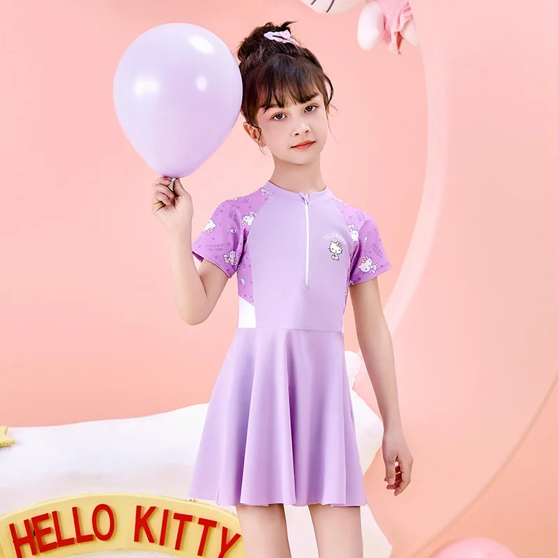 Kawaii Hello Kitty девочка цельный купальник Sanrio аниме 2024 новый летний детский купальный
