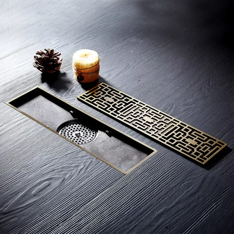 

Drain 8*30CM Euro Antique Brass Art Carved Floor Drain Cover Shower Waste Drainer Bathroom Bath Accessories Strainer 8030F