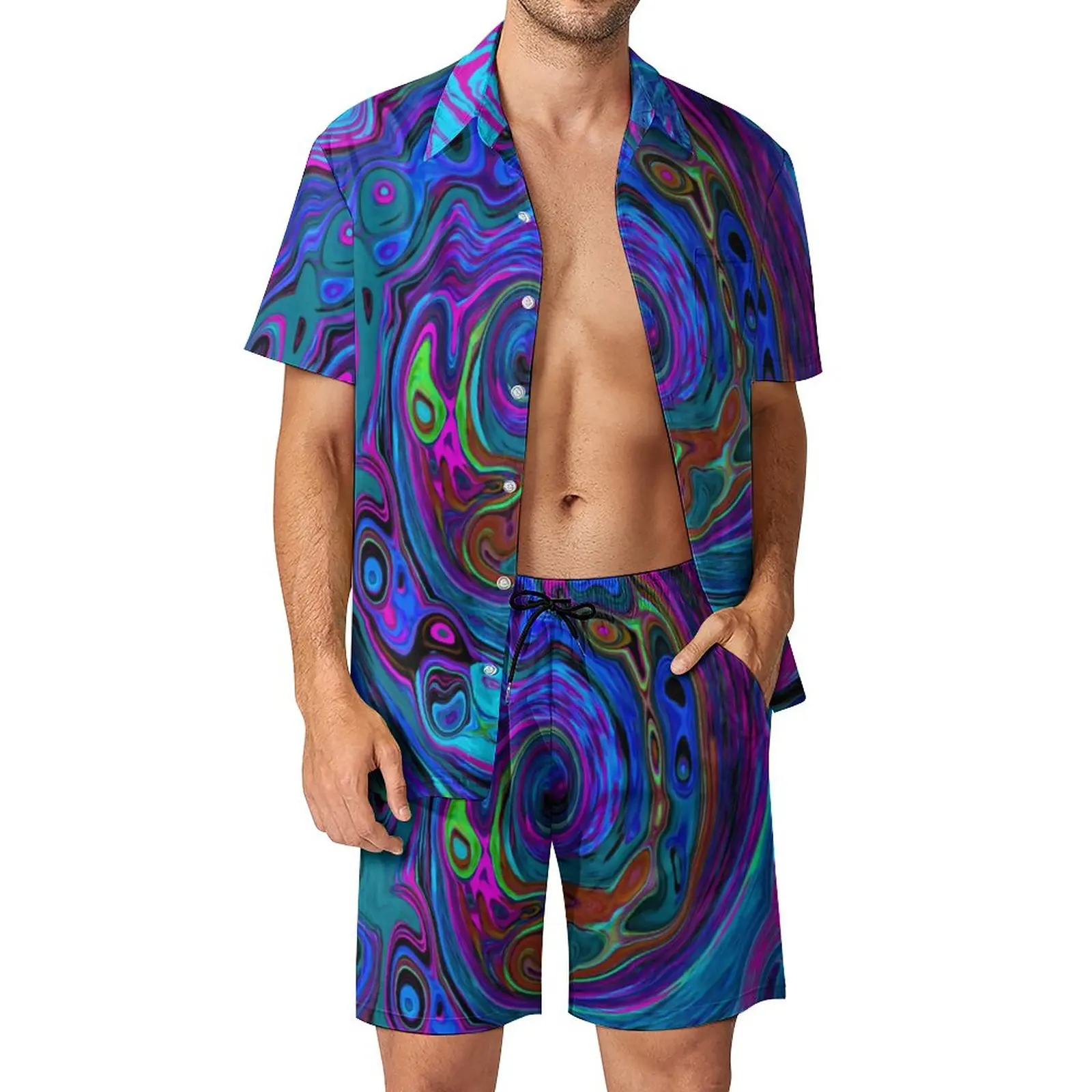 

Groovy хиппи печатные мужские комплекты сине-фиолетовая жидкая модная повседневная рубашка комплект с короткими рукавами дизайнерские шорты пляжная одежда