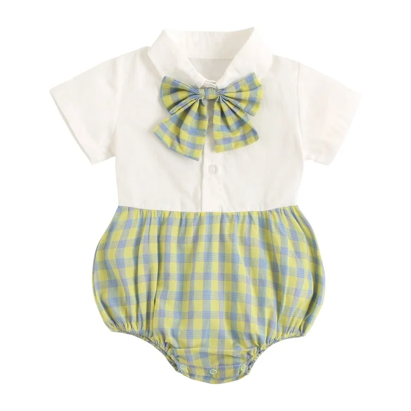 

New Baby Girl Clothes Baby Clothes Summer Fashion Cotton Patchwork Plaid Necktie Academic Style Bodysuit New Born Baby Items