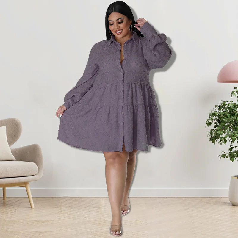 Large Size Female Shirt Dresses 2023 Fashion Print Long Sleeve Shirt Pleated Lapel Elegant Mini Dress Plus Size Women's Clothing