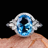 luxury silver plated oval blue cz stone ring fashion micro paved rhinestones rings for women wedding party jewelry gift a4m678