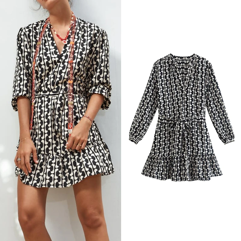 

Autumn 2022 Women Print Short Dress Long Sleeve V Neck Female Fashion Vintage Mini Dress Vestidos CD8589