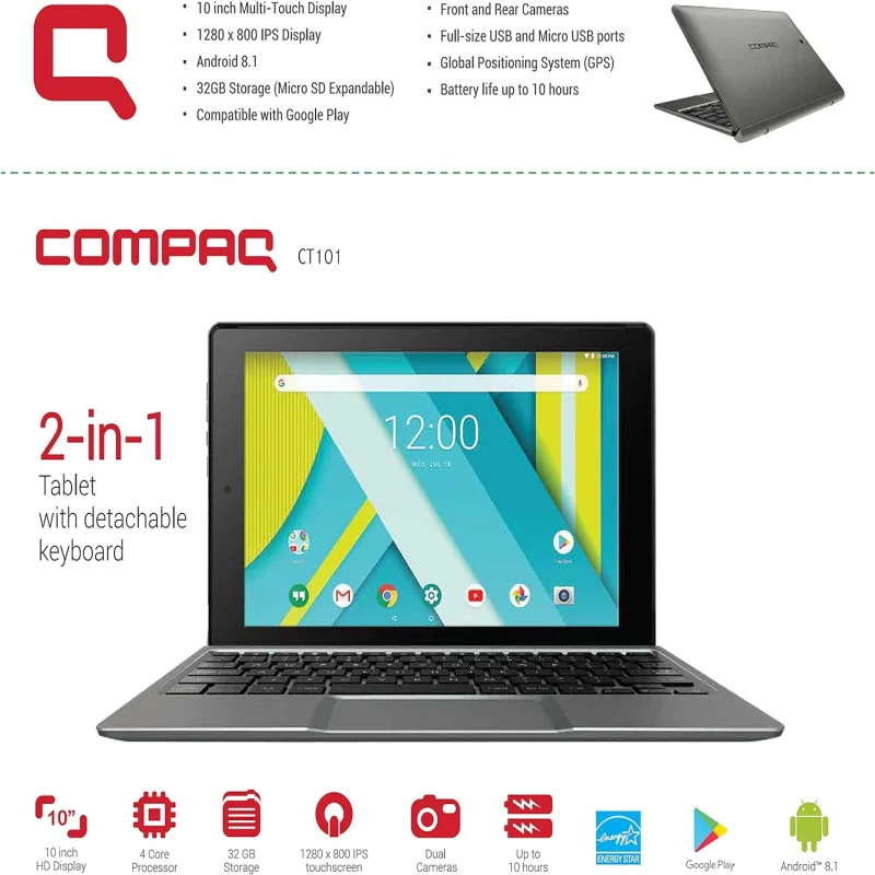 

Big Sales Compaq 10" HD IPS 2GB RAM 32GB Storge Quad-Core Android 8.1 Tablet With Docking Keyboard HDMI-Compatible Dual Cameras