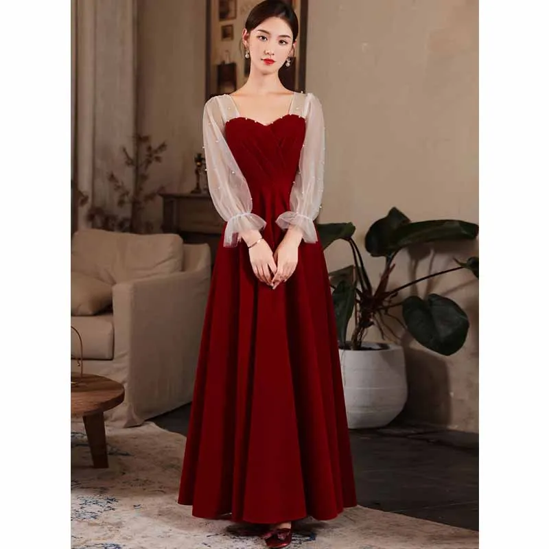 Женское кружевное платье с длинным рукавом Бордовое квадратным вырезом