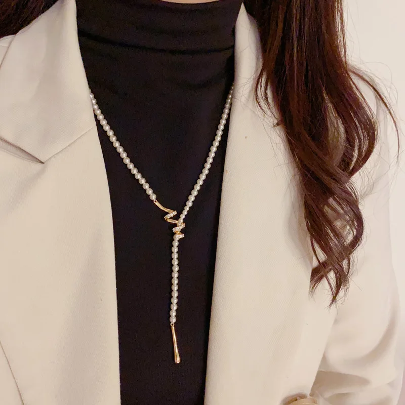 Легкий роскошный высококачественный осенне-зимний длинный стиль с жемчужной